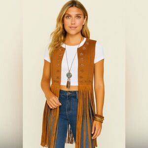 Faux suede Fringe Vest with Cutout Details